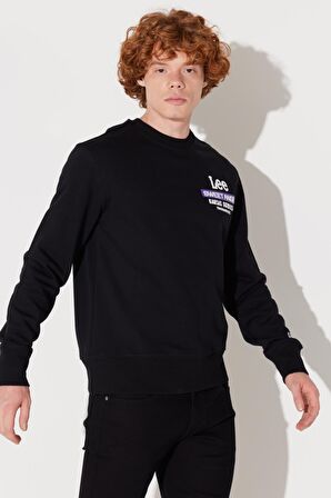 Regular Fit Normal Kesim Bisiklet Yaka Şardonlu Siyah Sweatshirt