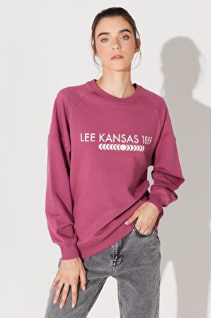 Oversize Fit Geniş Kesim Bisiklet Yaka Şardonlu Koyu Pembe Sweatshirt