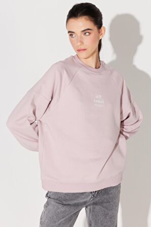 Oversize Fit Rahat Kesim Bisiklet Yaka Şardonlu Açık Pembe Sweatshirt