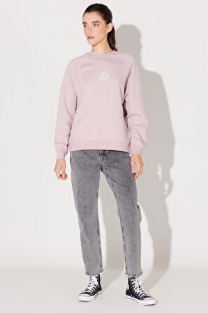 Oversize Fit Rahat Kesim Bisiklet Yaka Şardonlu Açık Pembe Sweatshirt