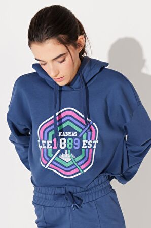 Regular Fit Normal Kesim Kapüşonlu Şardonlu Crop Mavi Sweatshirt