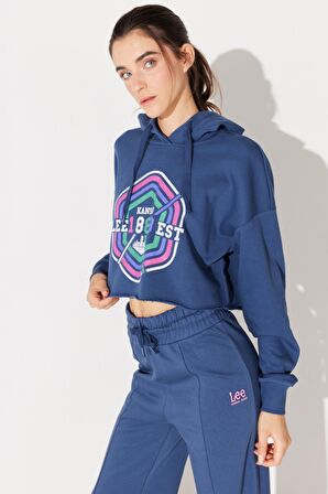 Regular Fit Normal Kesim Kapüşonlu Şardonlu Crop Mavi Sweatshirt