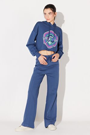 Regular Fit Normal Kesim Kapüşonlu Şardonlu Crop Mavi Sweatshirt