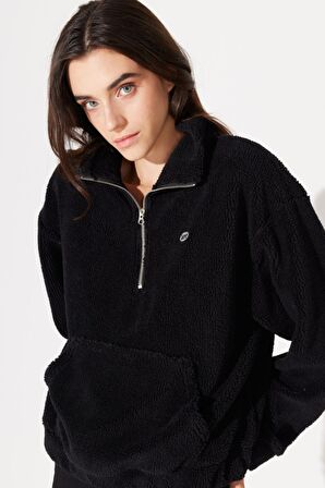 Loose Fit Rahat Kesim Dik Yaka Yarım Fermuarlı Siyah Sherpa Sweatshirt