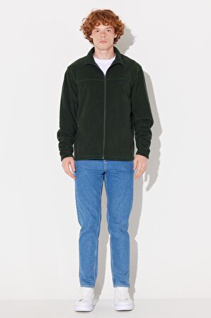 Regular Fit Normal Kesim Dik Yaka Fermuarlı Yeşil Polar Ceket