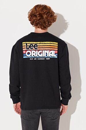 Regular Fit Normal Kesim Bisiklet Yaka Şardonlu Logolu Siyah Sweatshirt