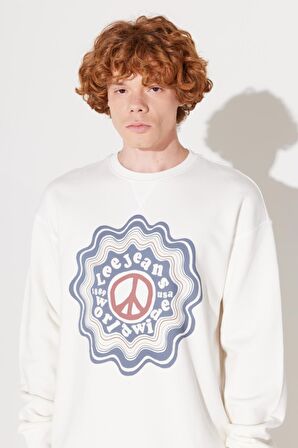 Relaxed Fit Geniş Kesim Bisiklet Yaka İçi Polarlı Ekru Sweatshirt