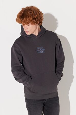 Relaxed Fit Geniş Kesim Kapüşonlu İçi Polarlı Sırt Baskılı Antrasit Sweatshirt