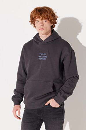 Relaxed Fit Geniş Kesim Kapüşonlu İçi Polarlı Sırt Baskılı Antrasit Sweatshirt