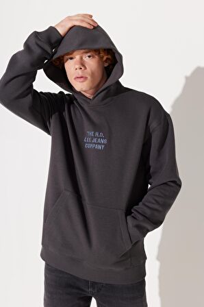 Relaxed Fit Geniş Kesim Kapüşonlu İçi Polarlı Sırt Baskılı Antrasit Sweatshirt