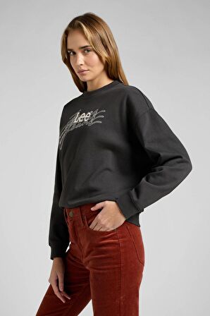 Relaxed Fit Geniş Kesim %100 Pamuk Bisiklet Yaka Şardonlu Antrasit Sweatshirt