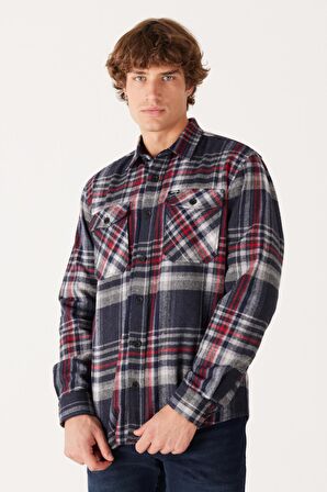 Relaxed Fit Geniş Kesim Ekoseli Şardonlu Kırmızı Uzun Kollu Gömlek