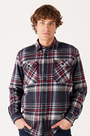 Relaxed Fit Geniş Kesim Ekoseli Şardonlu Kırmızı Uzun Kollu Gömlek