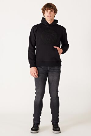 Regular Fit Normal Kesim Kapüşonlu İçi Polarlı Siyah Sweatshirt