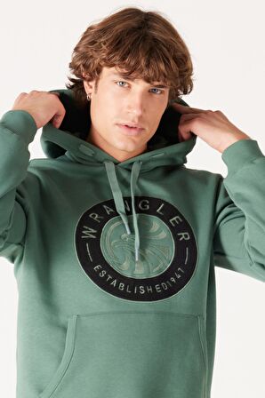 Regular Fit Normal Kesim Kapüşonlu İçi Polarlı Yeşil Sweatshirt