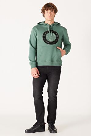Regular Fit Normal Kesim Kapüşonlu İçi Polarlı Yeşil Sweatshirt