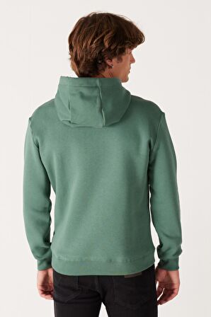 Regular Fit Normal Kesim Kapüşonlu İçi Polarlı Yeşil Sweatshirt