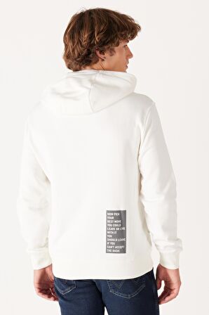 Regular Fit Normal Kesim Kapüşonlu Şardonlu Kırık Beyaz Sweatshirt