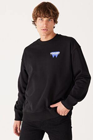 Oversize Fit Geniş Kesim Bisiklet Yaka Şardonlu Siyah Sweatshirt