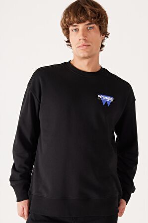 Oversize Fit Geniş Kesim Bisiklet Yaka Şardonlu Siyah Sweatshirt