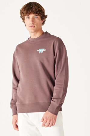 Loose Fit Rahat Kesim Bisiklet Yaka Şardonlu Kahverengi Sweatshirt