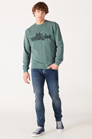 Regular Fit Normal Kesim %100 Pamuk Bisiklet Yaka Yeşil Sweatshirt