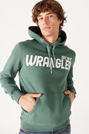 Regular Fit Normal Kesim Kapüşonlu İçi Polarlı Yeşil Sweatshirt