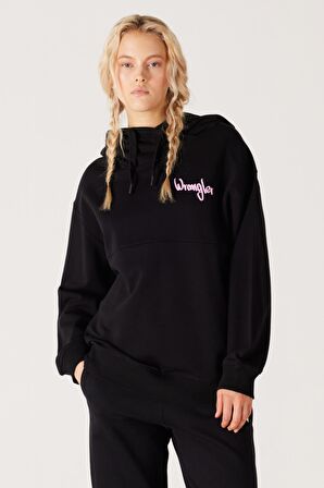 Oversize Bol Kesim Kapüşonlu Sırt Baskılı Siyah Sweatshirt