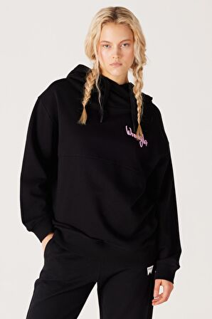 Oversize Bol Kesim Kapüşonlu Sırt Baskılı Siyah Sweatshirt