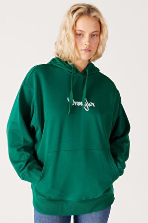 Oversize Bol Kesim Kapüşonlu Sırt Baskılı Yeşil Sweatshirt