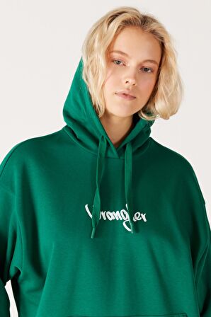 Oversize Bol Kesim Kapüşonlu Sırt Baskılı Yeşil Sweatshirt