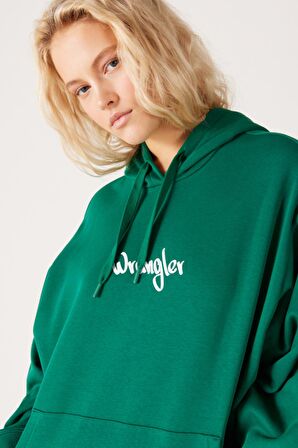 Oversize Bol Kesim Kapüşonlu Sırt Baskılı Yeşil Sweatshirt