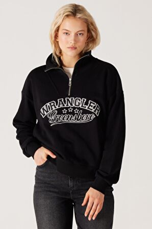 Relaxed Fit Geniş Kesim Dik Yaka Yarım Fermuarlı İçi Polarlı Siyah Sweatshirt