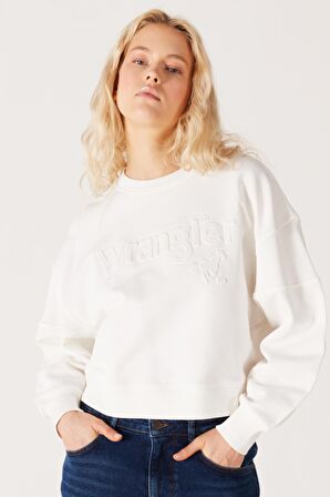 Relaxed Fit Geniş Kesim %100 Pamuk Bisiklet Yaka Beyaz Sweatshirt