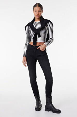 Skinny Fit Dar Kesim Yüksek Bel Siyah High Rise Esnek Jean Denim Kot Pantolon