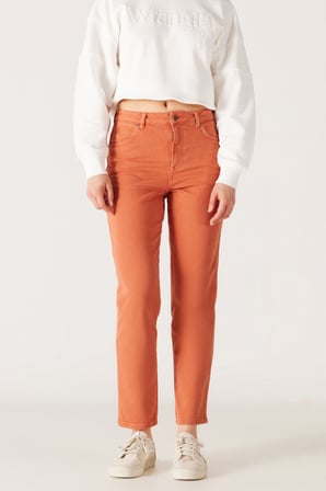 Mom Straight Fit Düz Kesim Yüksek Bel Turuncu Esnek Pantolon