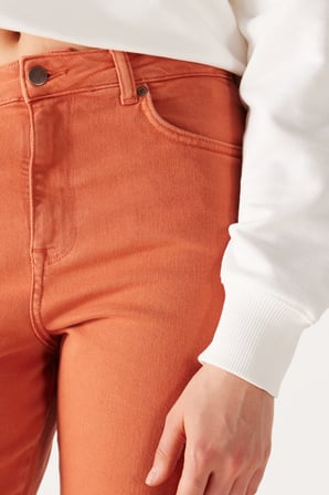 Mom Straight Fit Düz Kesim Yüksek Bel Turuncu Esnek Pantolon