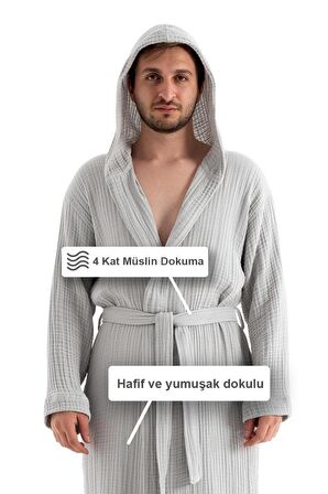 Unisex Kapşonlu 4 Kat Müslin Bornoz (Gri, L/XL)