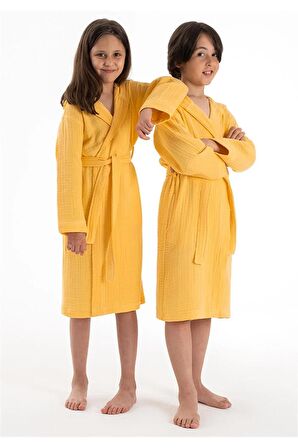 Kapşonlu Müslin Çocuk Bornoz Sarı 7-8 Yaş
