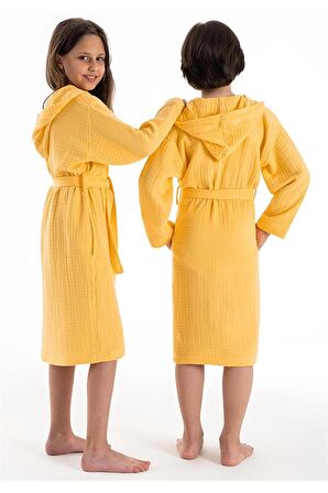 Kapşonlu Müslin Çocuk Bornoz Sarı 7-8 Yaş