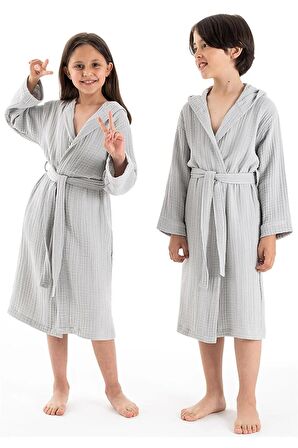 Kapşonlu Müslin Çocuk Bornoz Gri 7-8 Yaş