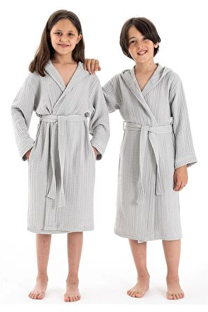 Kapşonlu Müslin Çocuk Bornoz Gri 7-8 Yaş