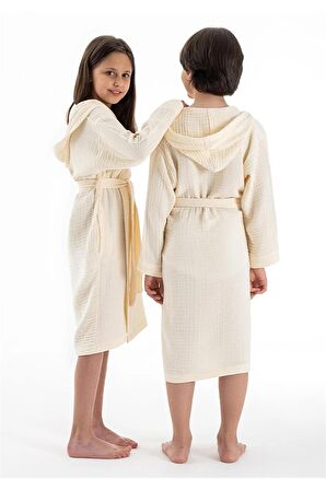 Kapşonlu Müslin Çocuk Bornoz Ekru 7-8 Yaş