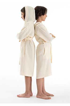 Kapşonlu Müslin Çocuk Bornoz Ekru 7-8 Yaş