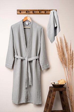 Unisex Kimono Müslin Bornoz + Havlu Seti Gri