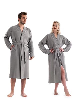Unisex Kimono Müslin Bornoz + Havlu Seti Gri