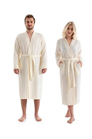 Unisex Kimono Müslin Bornoz + Havlu Seti Ekru