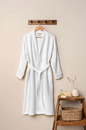 Unisex Kimono 4 Kat Müslin Bornoz (Beyaz, L/XL)