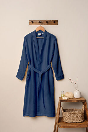 Unisex Kimono 4 Kat Müslin Bornoz (Lacivert, L/XL)