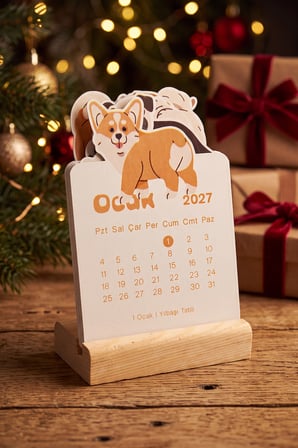 Ahşap Standlı Özel Kesim Neşeli Corgi Tasarımlı 2027 Masaüstü Takvimi 8,5x12 Cm - Sevimli Yeni Yıl Hediyesi Çok Renkli
